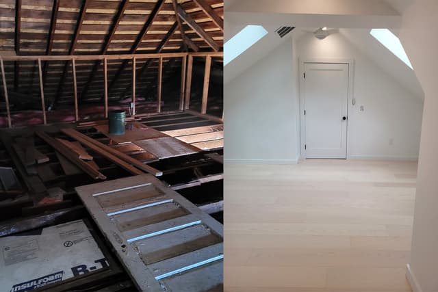 A before-and-after photo of an attic buildout. On the left, in the before picture, the attic is unfinished with exposed beams and flooring. On the right, in the after picture, the attic is fully finished with new flooring, walls, and ceiling.