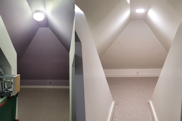 A before-and-after photo of an attic space. On the left, in the before picture, the attic has a dark, outdated paint color. On the right, in the after picture, the attic is painted with a fresh, light color.