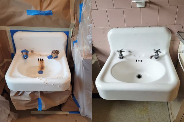 A before-and-after photo of a bathroom sink. On the left, in the before picture, the sink is old and rusted. On the right, in the after picture, the sink is restored and looks new.