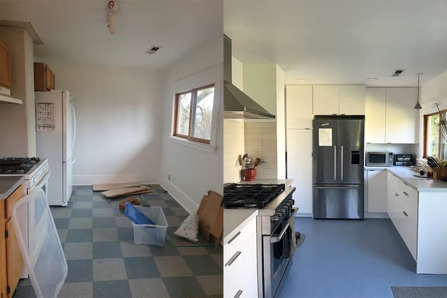 A before-and-after photo of a kitchen. On the left, in the before picture, the kitchen has old appliances and a cluttered look. On the right, in the after picture, the kitchen has a new layout with modern appliances and a clean, organized look.