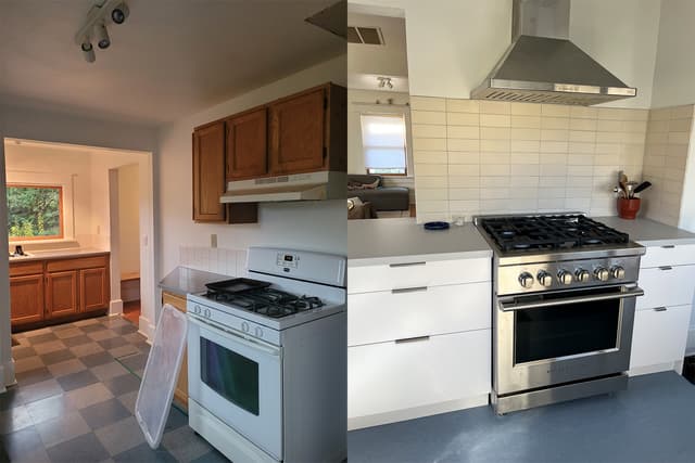 A before-and-after photo of a kitchen. On the left, in the before picture, the kitchen has a narrow pass-through. On the right, in the after picture, the pass-through has been widened and the older oven replaced with a stainless steel model with a tile backsplash.