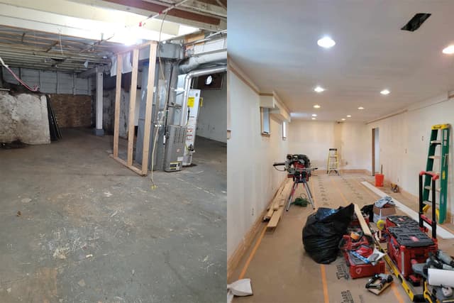 A before-and-during photo of a basement renovation. On the left, in the before picture, the basement is unfinished and cluttered. On the right, in the during picture, the basement is being renovated with new walls and flooring.