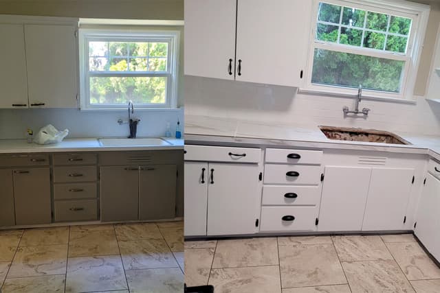 A before-and-after photo of kitchen cabinets. On the left, in the before picture, the cabinets are old and worn. On the right, in the after picture, the cabinets are freshly painted and refinished.