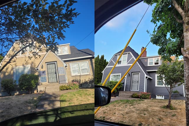 A before-and-after photo of a house exterior. On the left, in the before picture, the house has a faded paint job. On the right, in the after picture, the house has a fresh, new exterior paint color.