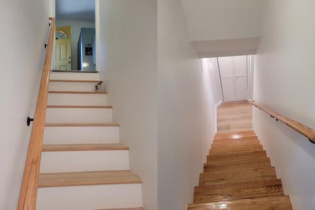 A photo of a newly built oak staircase with fresh wood finish.