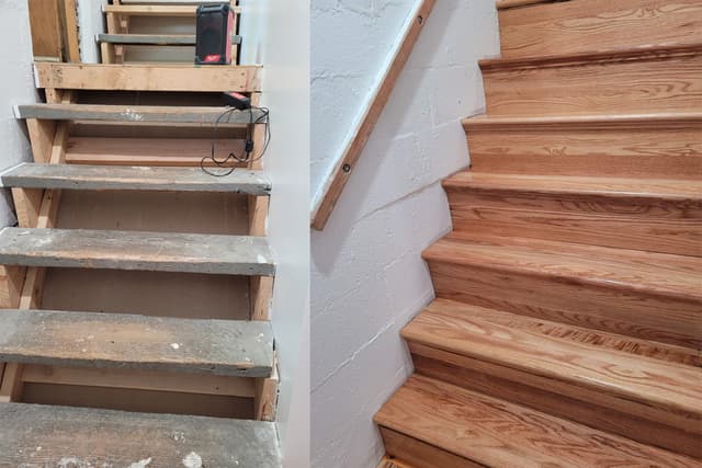 A before-and-after photo of stairs. On the left, in the before picture, the stairs are unfinished with bare wood. On the right, in the after picture, the stairs are newly built and stained oak.